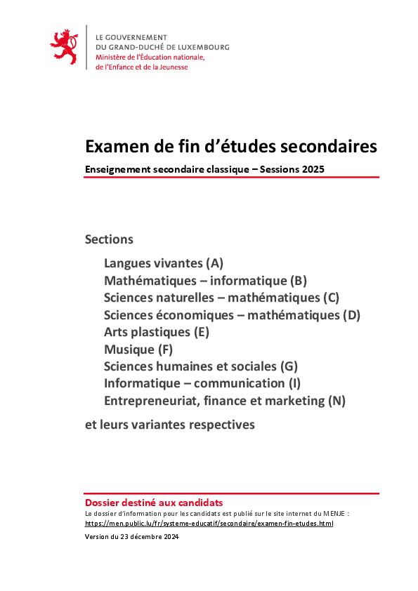 Brochure - Examen de fin d’études secondaires, enseignement secondaire classique 2025